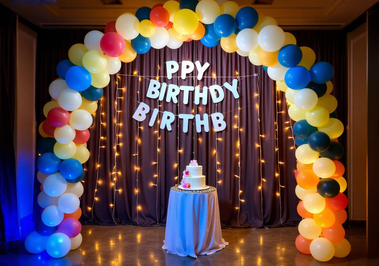 Balloon arch and cake table, first birthday