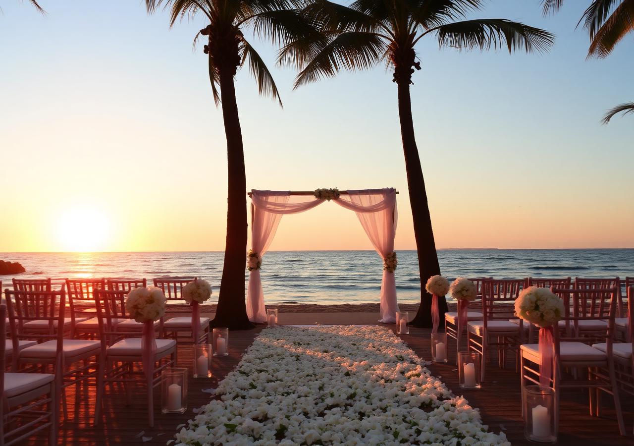 Beachside destination wedding setup at sunset